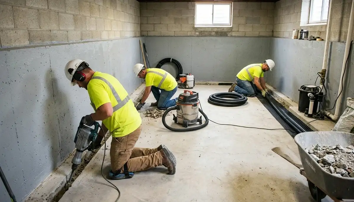 Basement waterproofing team inspecting a wet foundation in Elizabeth, NJ