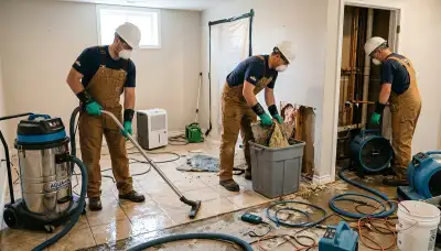 Elizabeth, NJ water damage crew cleaning up burst pipe damage in a home