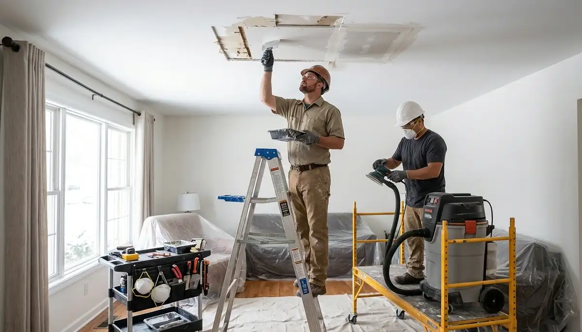 Ceiling water damage repair in Elizabeth, NJ for stained, sagging, moisture-damaged home ceiling