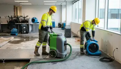 Commercial water damage restoration crew in Elizabeth, NJ removing flood water from a business interior