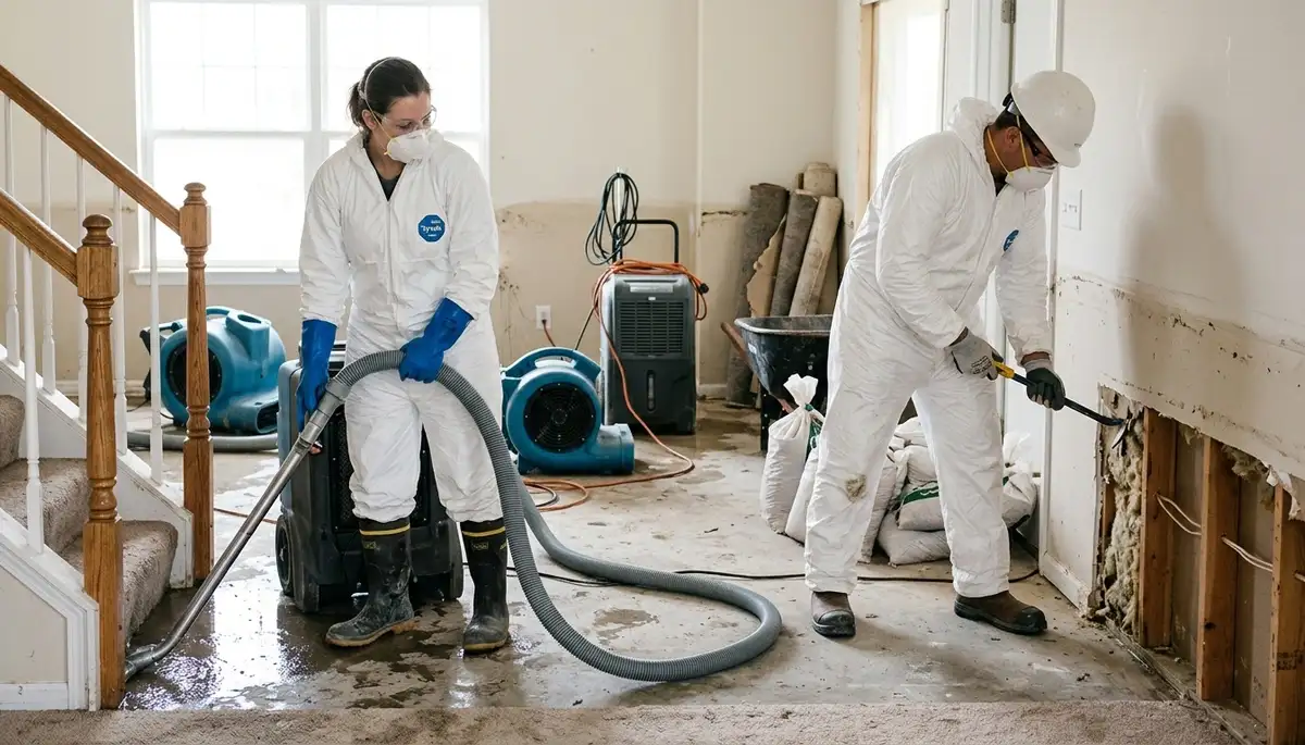 Water damage cleanup crew in Elizabeth, NJ restoring a flooded home after heavy rain