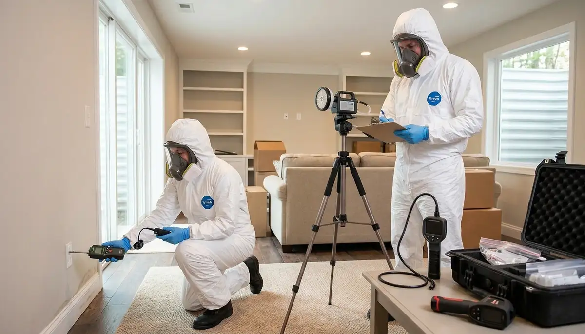 Mold inspection technician checking moisture in Elizabeth, NJ home for water damage assessment
