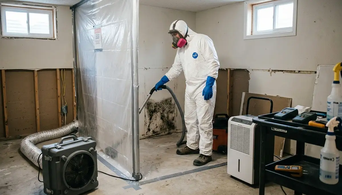 Mold removal technician inspecting moisture damage in an Elizabeth, NJ home